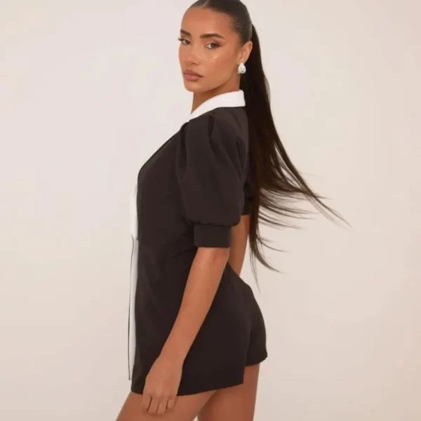 Store Short Puff Sleeve Contrast Lapel Micro Mini Blazer Playsuit In Black Jumpsuits & Playsuits