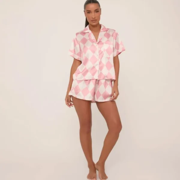 Hot Short Sleeve Button Front Collared Shirt And Shorts Pyjama Set In Pink Diamond Check Satin Nightwear & Lingerie