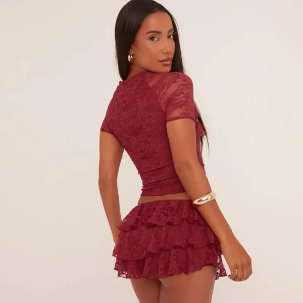 Cheap Short Sleeve Frill Bust T-Shirt In Wine Lace Matching Sets | Tops