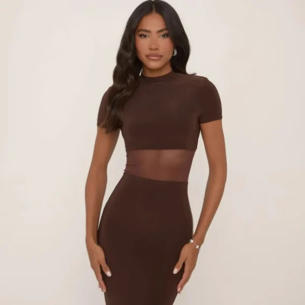Sale Short Sleeve High Neck Mesh Insert Maxi Dress In Chocolate Slinky Dresses