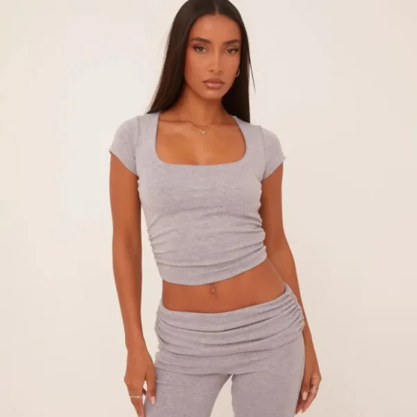 Sale Short Sleeve Scoop Neck Crop Top And Low Rise Fold Over Flared Trousers Co-Ord Set In Grey Winter Matching Sets | Activewear