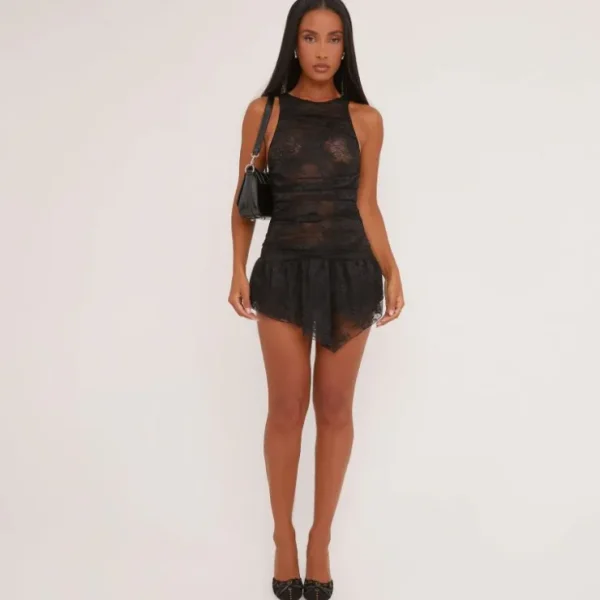 Clearance Sleeveless Flippy Hem Mini Dress In Black Lace Basic Dresses