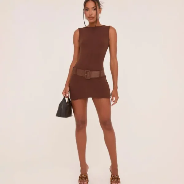 Shop Sleeveless High Neck Belted Mini Bodycon Dress In Woven Dresses | Winter Going Out