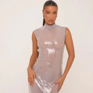Flash Sale Sleeveless High Neck Cut Out Back Maxi Dress In Grey Sheer Sequin Winter Going Out | Maxi Dresses