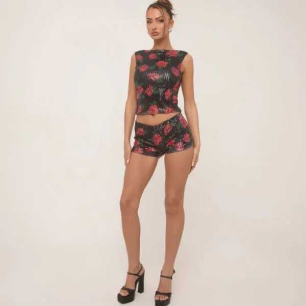 Shop Sleeveless Low Back Racer Top In Black Rose Print Sequin Party Outfits | Shorts Sets