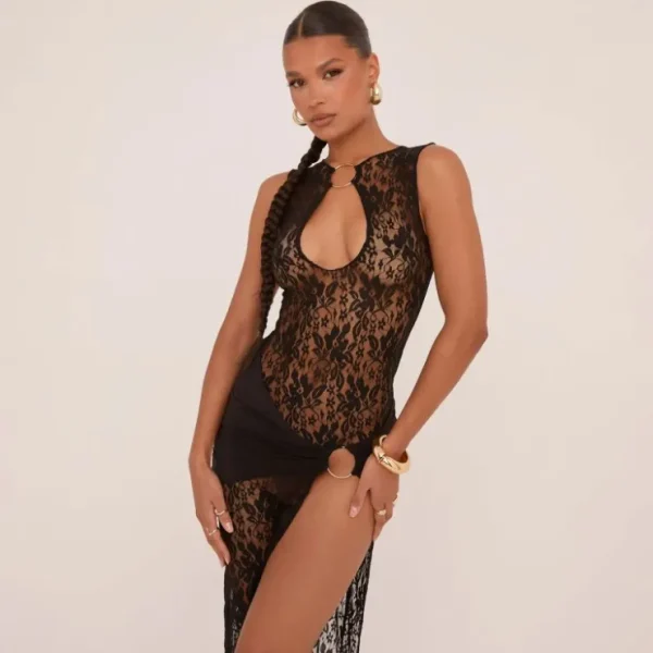 Hot Sleeveless Ring Detail Keyhole Cut Out Side Split Maxi Dress In Black Lace Maxi Dresses | Cut Out Dresses