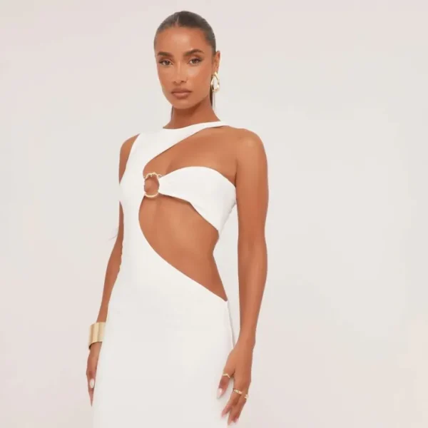 Fashion Sleeveless Textured Ring Detail Cut Out Maxi Dress In Slinky Winter Sun | Maxi Dresses