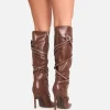 Sale Snow Diamante Strap Detail Pointed Toe Stiletto Heel Knee High Long Boot In Faux Leather Biker Boots | Chunky Boots