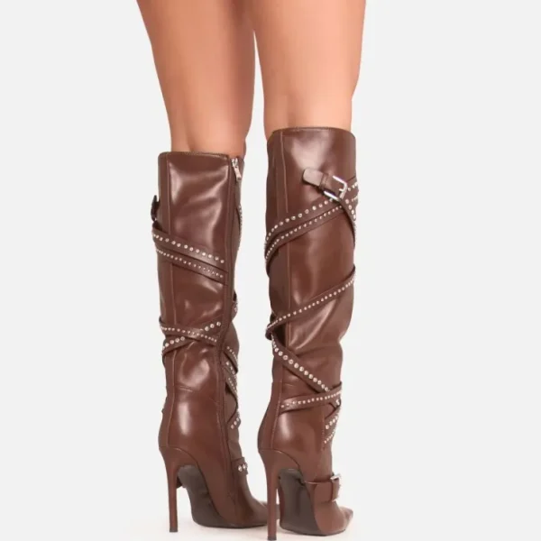 Sale Snow Diamante Strap Detail Pointed Toe Stiletto Heel Knee High Long Boot In Faux Leather Biker Boots | Chunky Boots