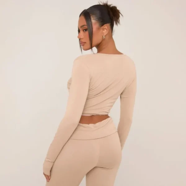Clearance Soft Basic Long Sleeve Wrap Over Crop Top In Beige Basics | Basics