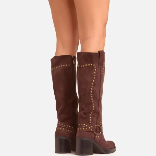 New Sola Stud Ring Detail Platform Block Heel Knee High Long Boot In Faux Suede Winter Boots | Chunky Boots