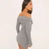 Outlet Split Bardot Long Sleeve Top In Grey Rib Knit Knitted Co-Ords | Knitted Sets