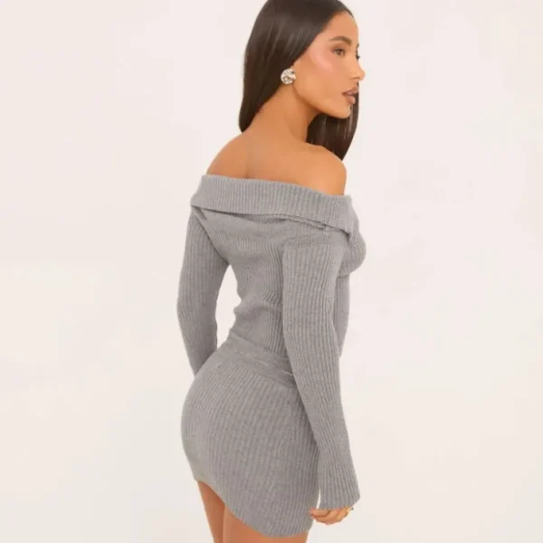 Outlet Split Bardot Long Sleeve Top In Grey Rib Knit Knitted Co-Ords | Knitted Sets