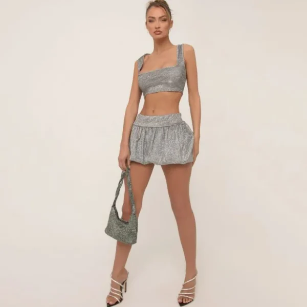 Cheap Square Neck Crop Top In Grey Glitter Party Outfits | Skirt And Top Sets