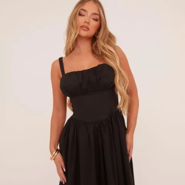 New Square Neck Ruched Bust Maxi Skater Dress In Black Woven Maxi Dresses | Sexy Dresses