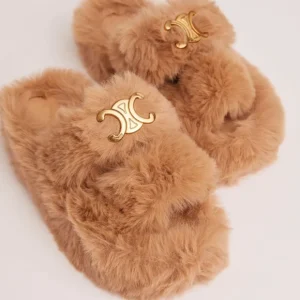 Cheap Stass Logo Detail Double Strap Flat Slipper In Faux Fur Slippers | Slippers