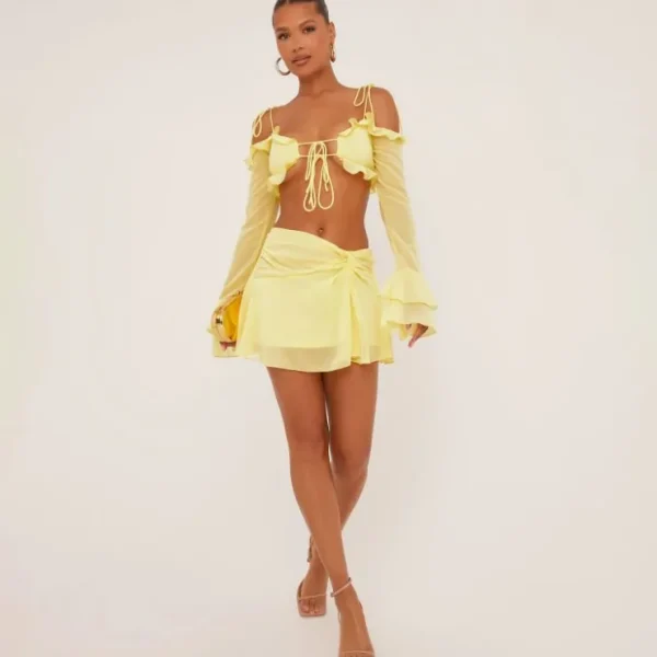 Best Sale Strappy Flared Sleeve Tie Front Crop Top In Lemon Chiffon Crop Tops