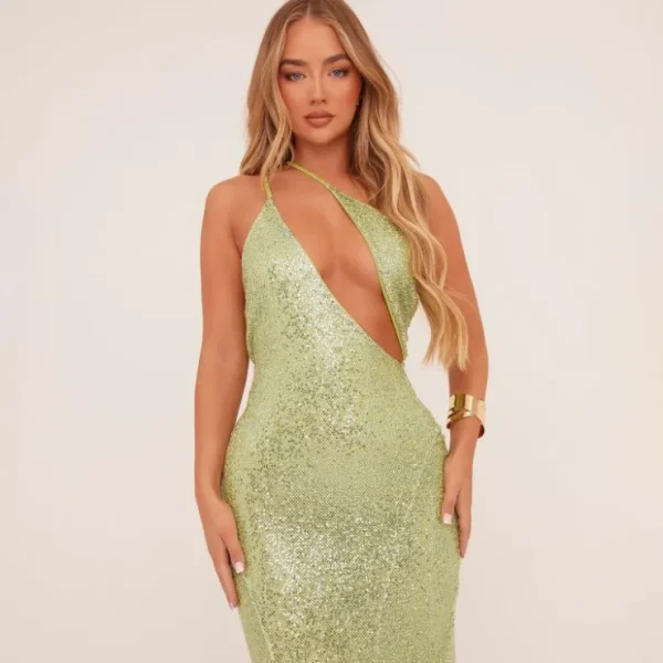 Cheap Strappy One Shoulder Cut Out Maxi Dress In Green Sequin Maxi Dresses | Cut Out Dresses