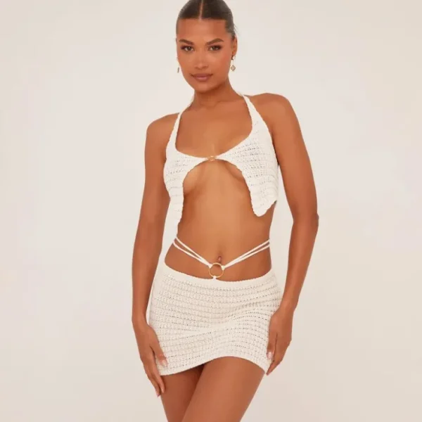 Best Strappy Ring Detail Mini Skirt In White Crochet Knit Winter Sun | Knitted Co-Ords