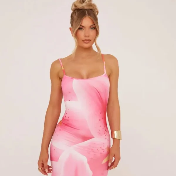 Best Sale Strappy Scoop Neck Maxi Dress In Pink Floral Print Slinky Maxi Dresses