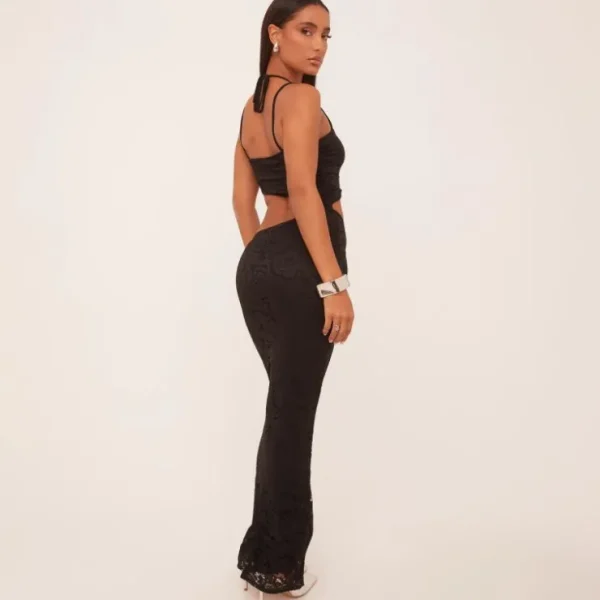 Fashion Strappy Square Neck Cut Out Maxi Dress In Black Lace Cut Out Dresses