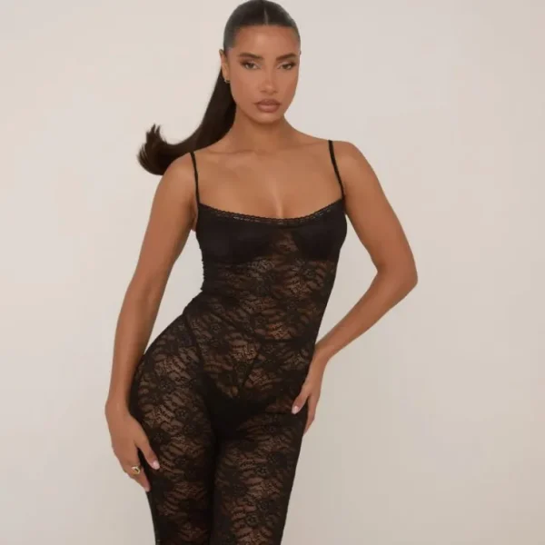 Discount Strappy Square Neck Trim Detail Jumpsuit In Black Lace Jumpsuits & Playsuits