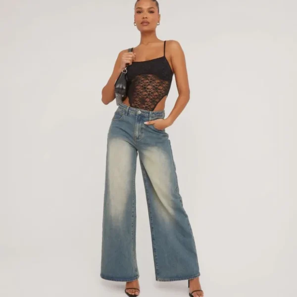 Cheap Strappy Underwired High Leg Bodysuit In Black Lace Bodysuits