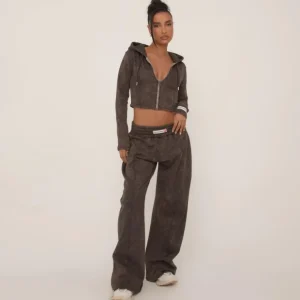Flash Sale Tab Waist Seam Front Wide Leg Joggers In Chocolate Acid Wash Tracksuits | Sweatsuits