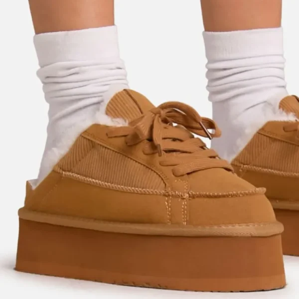 Online Tareeze Lace Up Faux Fur Insert Platform Slipper In Chestnut Faux Suede Slippers | Slippers