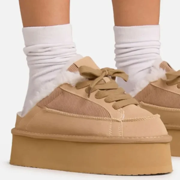 New Tareeze Lace Up Faux Fur Insert Platform Slipper In Beige Faux Suede Slippers | Slippers