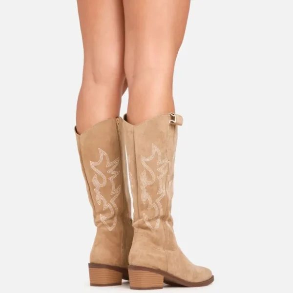 New Tequila Embroidered Detail Pointed Toe Long Calf Western Cowboy Boot In Taupe Faux Suede BOY Calf Boots | Cowboy Boots