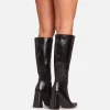 Hot Thatcher Pointed Toe Block Heel Knee High Long Boot In Black Faux Leather Knee High Boots