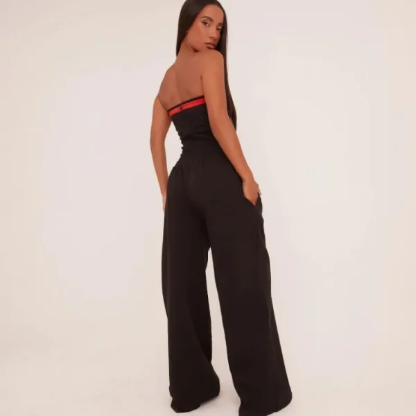 Clearance Tie Waist Contrast Ride Graphic Wide Leg Trousers In Black Winter Matching Sets