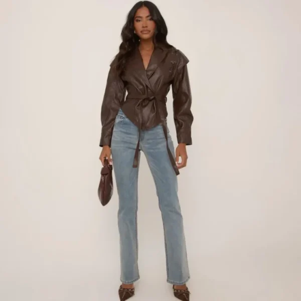 Flash Sale Tie Waist Cropped Jacket In Brown Faux Leather Coats & Jackets