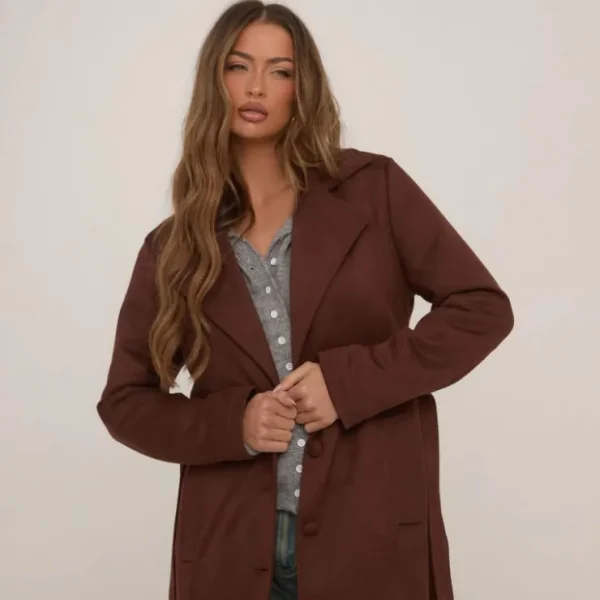 Hot Tie Waist Longline Trench Coat In Brown Faux Suede Coats & Jackets