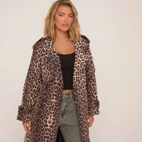 Hot Tie Waist Trench Coat In Brown Leopard Print Coats & Jackets | Trench Coats