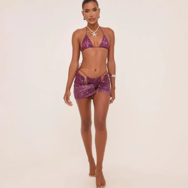 Sale Triangle Bikini Set And Skirt Cover Up In Purple Abstract Swimwear