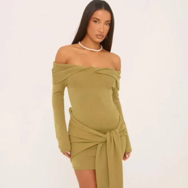 Cheap Twist Bardot Long Sleeve Drape Front Mini Dress In Olive Green Knit Knitted Dresses | Long Sleeve Dresses