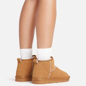 Store Ultra White Stitch Detail Faux Fur Lining Mini Ankle Boot In Chestnut Brown Faux Suede Ankle Boots | Suede Boots