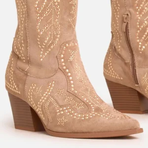 Store Vala Stud Detail Pointed Toe Mid Calf Western Cowboy Boot In Faux Suede BOY Calf Boots | Cowboy Boots