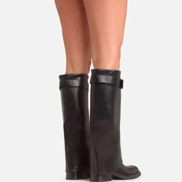Best Victor Buckle Detail Chunky Knee High Long Boot In Faux Leather Chunky Boots | Knee High Boots