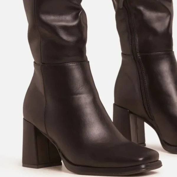 Cheap Washington Square Toe Block Heel Knee High Long Boot In Black Faux Leather Winter Boots | Biker Boots