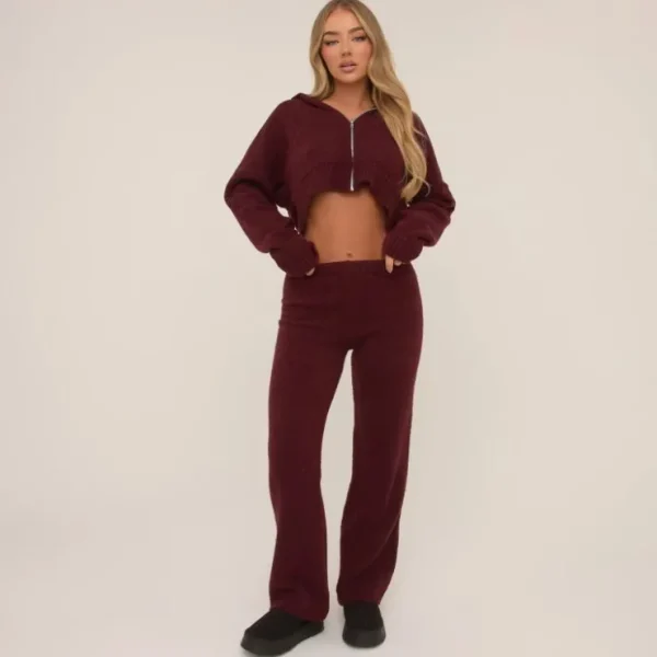 Hot Zip Through Cropped Hoodie In Burgundy Knit Coats & Jackets | Knitwear