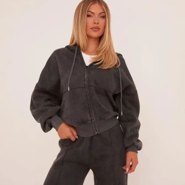 Cheap Zip Up Hooded Jacket In Washed Charcoal Grey Matching Sets | Coats & Jackets